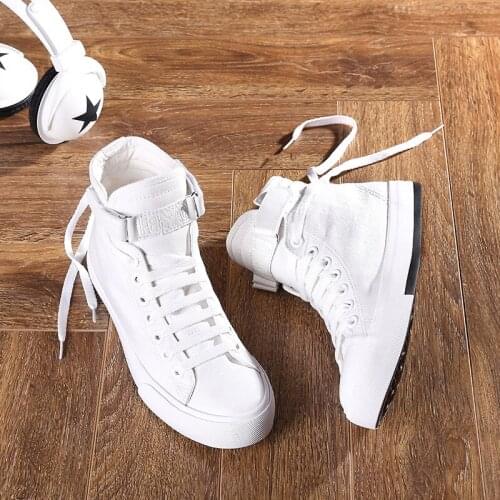 Canvas high-top sneakers women girls and boys hook&loop lace-up flats mujer pisos brief sew round toe board shoes over size35-44