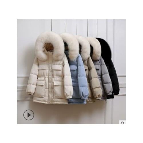 2020 new white duck down down jacket for women East gate waist retractable and thickened warm coat with hat and big fur collar