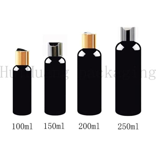30pcs 100/150/200/250ml Empty Black Plastic Cosmetics Lotion Bottle With gold Disc Lid Shampoo PET Containers,Cosmetic Packaging