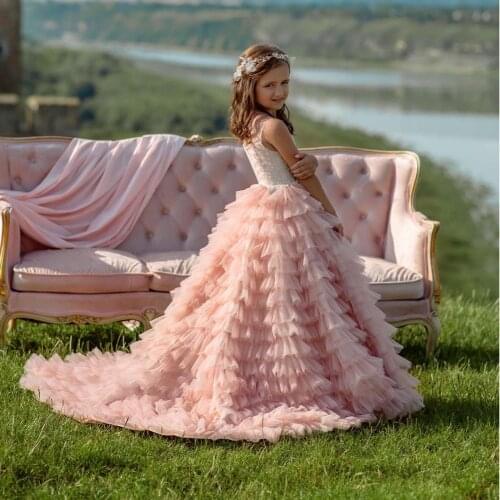 Pink Spaghetti Strap Lace Beading Ruffle Flower Girls Dresses For Wedding Girls First Communion Gowns Special Occasion Dress