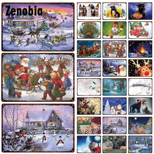 Vintage Metal Sign Merry Christmas Metal Posters Wall Art Stickers Dogs and Cats Plaque for Home New Year Christmas Decoration