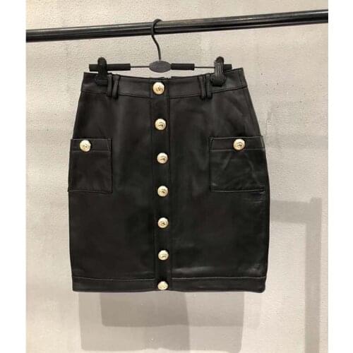 Cosmicchic Autumn Sheepskin Mini Skirt High Wrap Genuine Leather Black Short Skirt Tight Gold-Plated Buttons Sexy Gothic Skirts