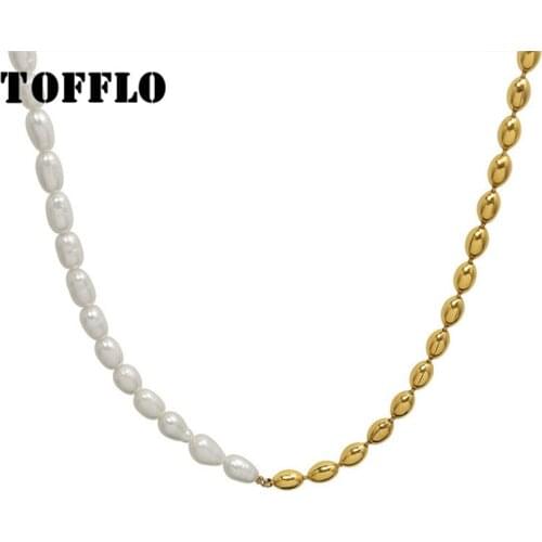 TOFFLO Stainless Steel Jewelry Oval Bead Chain With 18 K Golden Freshwater Pearl Necklace For Women BSP1113