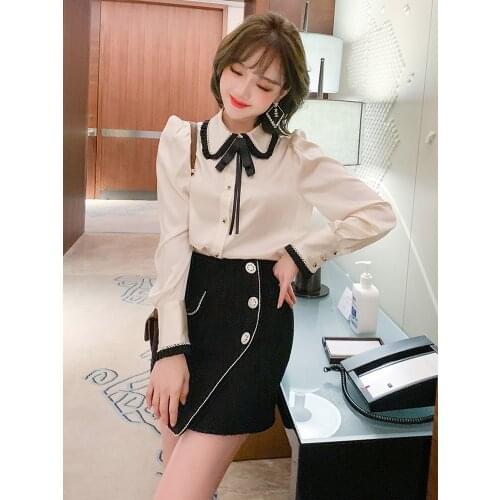 Bowknot bubble sleeve contrast Lapel single breasted shirt womens wear 2021 Spring new High Quality Top Quality