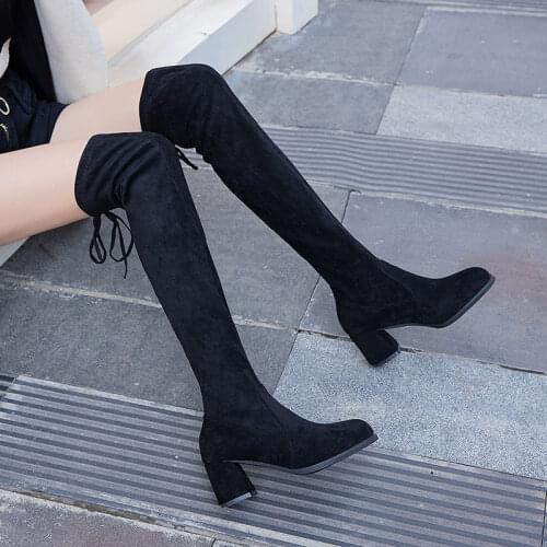 Womens Long Boots Suede Over The Knee High Heel Boots Female Soft Round Toe Thick Heels Lace Up Pumps Autumn Fashion Shoes 2021