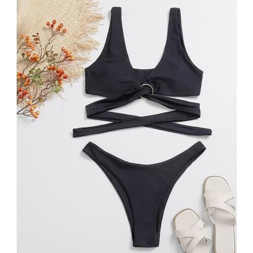Womens Sexy High Breast Contrast Gradient Split Bikini Set One Piece Swimsuit