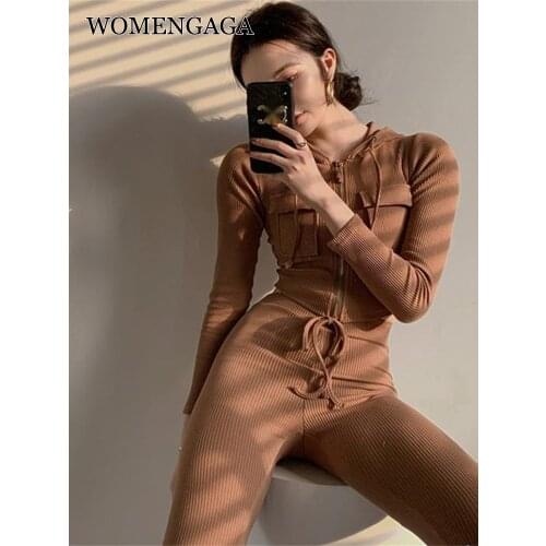 WOMENGAGA Hooded Knitting Hot Sexy Short Sweatshirt + Pink High Waist Sports Pocket Two-piece Suit Set Korean Women Z88C