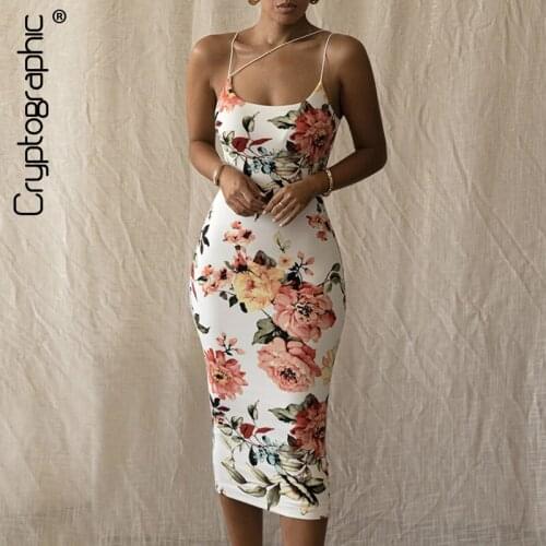 Cryptographic Sexy Spaghetti Strap Backless Womens Dresses Cottagecore Floral Print Fashion Elegant Midi Dress Party Clubwear