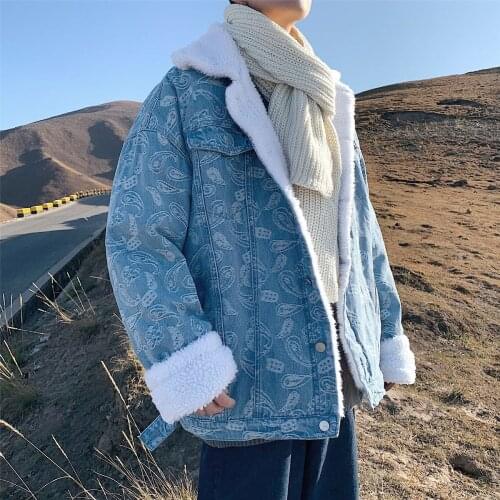 Winter Mens Thickened Lambs Denim Jackets Loose Wool Printing Trench Coats In Warm Parkas Black/blue Cotton-padded Clothes