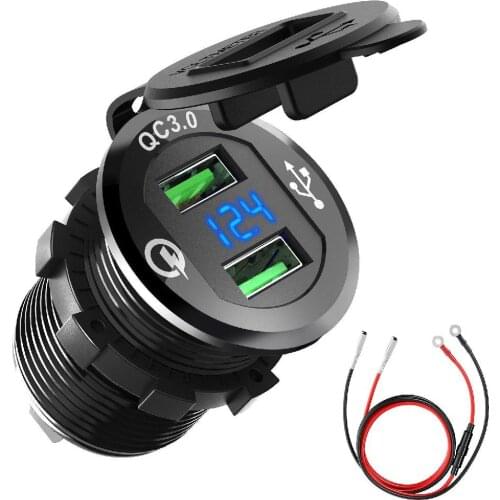 12V/24V Quick Charge 3.0 Dual USB Charger Socket Waterproof Aluminum Power Car Cigarette with LED Voltmeter for Car Boat