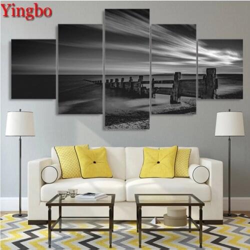 5d Diy Diamond Painting 5 Panel Wooden Pier Coast Landscape Diamond Embroidery Sale Full Square Modern Decoration Art