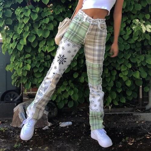 Patchwork Plaid Denim Pant Color Block Casual Fashion Loose Trousers Summer 2021 Streetwear Pocket Button High Waist Women Pant