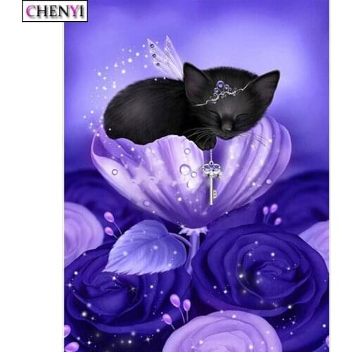 CHENYI 5D Diamond Embroidery Animal Cat Diy Diamond Painting Cross Stitch Full Square Purple Rose Diamond Mosaic Canvas Wall Art