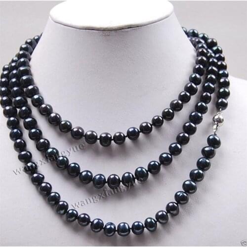 Long 50" 7-8mm Black Akoya Cultured Pearl Jewelry Necklace