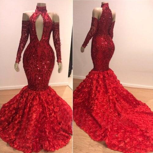 Red Evening Dresses Mermaid Halter Appliques Sequins Flowers Dubai Saudi Arabia Long Prom Dress Gown Robe De Soiree