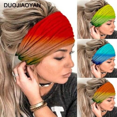 DUOJIAOYAN Women rainbow color headband Fabric Yoga Sport Elastic Hairband Plain wide Turban Women Headwrap Hair Accessories