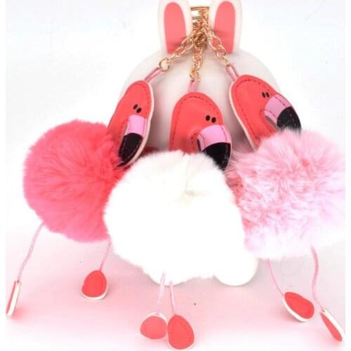 Hawaiian cocktail Wedding Party Favors Flamingo Keychain Fluffy Artificial Rabbit Fur Ball Key Chain Women Car Bag Key Ring gift