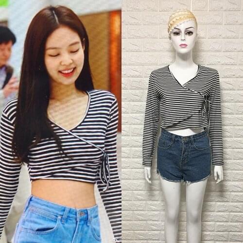 Kpop Korean Celebrity Black White Striped Slim T shirt Lady Streetwear Sexy V-neck Tees Long-Sleeve Tshirt Summer Harajuku tops