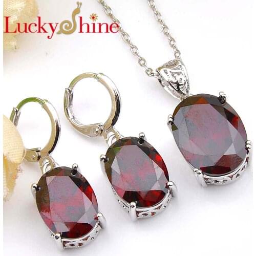 Luckyshine Holiday Gift Oval Fire Red Garnet Crystal Cubic Zirconia 925 Silver Pendants Necklaces Drop Earrings Jewelry Sets