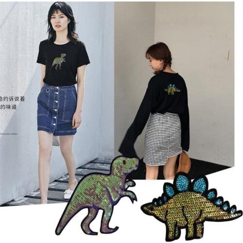 Fashion Tops Shirt Girl Patch Clothes 15.5cm dinosaur Sequins deal with it Patches for clothing T shirt women Stickers