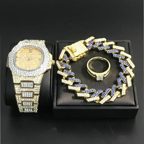 Hip Hop Men Watch & Bracelets Ice Out Cuban Crystal Miami Chain Men Watch +Bracelet +Rings Set Rock Adjustable Rings For Men