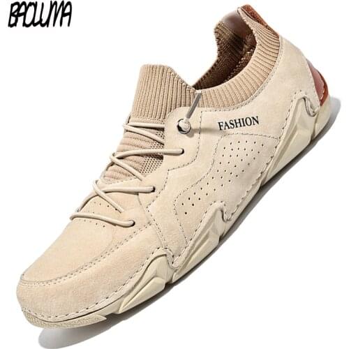 Brand Mens Casual Shoes Genuine Leather Mesh Breathable Summer Handmade Men Sneakers Leather Denim Outdoor Flat Mens Moccasins