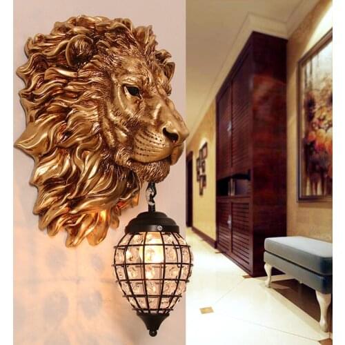 Gold Lion Wall Light Sconce Nordic Crystal Decor Lighting Fixture for Living Room Bedroom Stairway Light Wall Mirror Animal Lamp