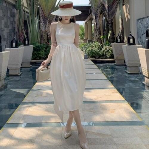 New Fashion Summer Elegan Midi Party Club Dress Ladies Sexy Strapless Sleevele Backless Vacation Clothes Pearl White Beach Dress