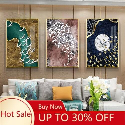 Poster Chinese Style Canvas Painting Abstract Auspicious Clouds Cranes Home Decor Birds And Rivers Poster Wall Art Room Decor