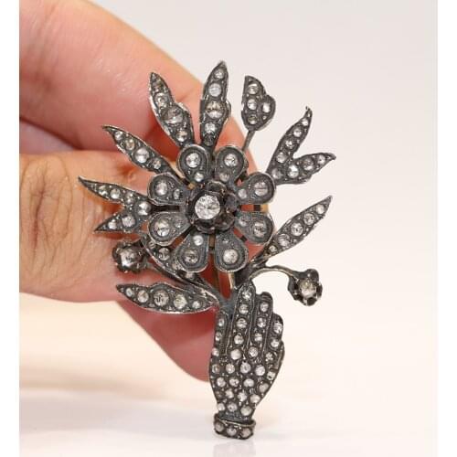 PERFECT 8K GOLD FLOWERS DECORATED NATURAL DIAMOND LOW GOLD AMAZING BIG BROOCHE