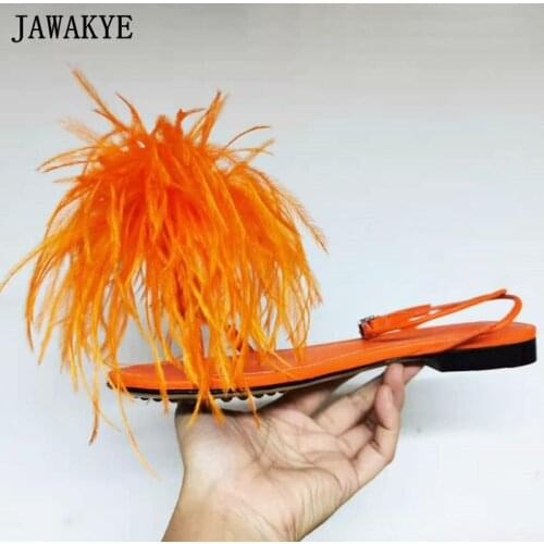 New Fluffy Ostrich Fur Flat Women Sandals Comfort Clip-on Real Leather Ankle Strap Women Shoes Multicolor Holiday Beach Sandals