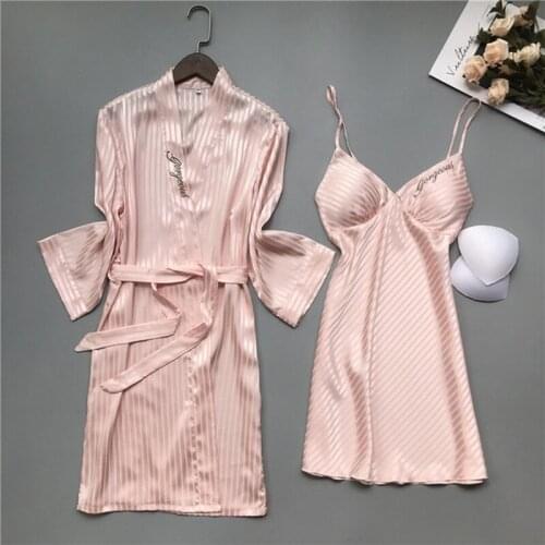 Silk womens pajamas set Spring autumn new long sleeve robe two piece suit Korean sexy embroidery deep V suspender bra sleepwear