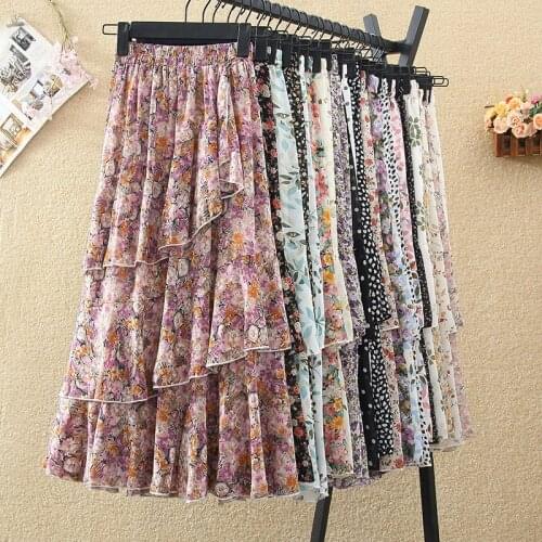 Chiffon Floral Skirt Female 2021 Summer High waist Irregular Print Cake Skirt Elegant Slim A-line Long Skirt Sweet Streetwear
