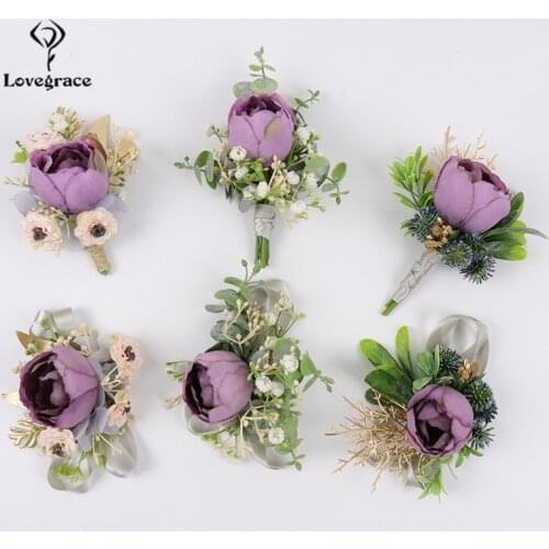Lovegrace Artificial Silk Rose Flower Wedding Boutonniere Groomsmen Wrist Corsage Bracelet for Bridesmaids Boutonniere Flower