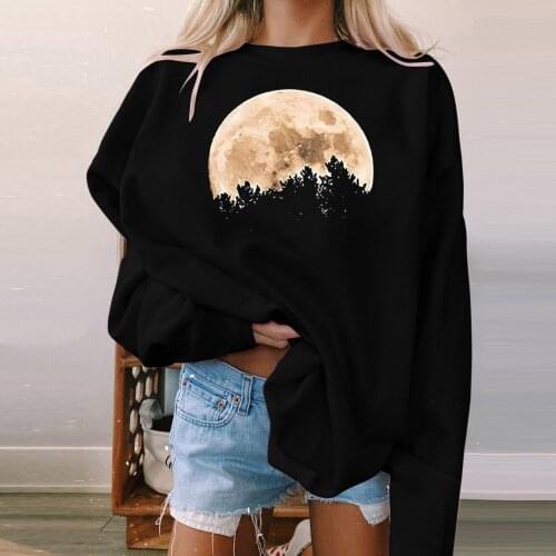 Women Long Sleeve Loose Round-neck T-Shirt Casual Moon Landscape Printing Blouse Top Solid Color All-match Lovely Girls T-shirt