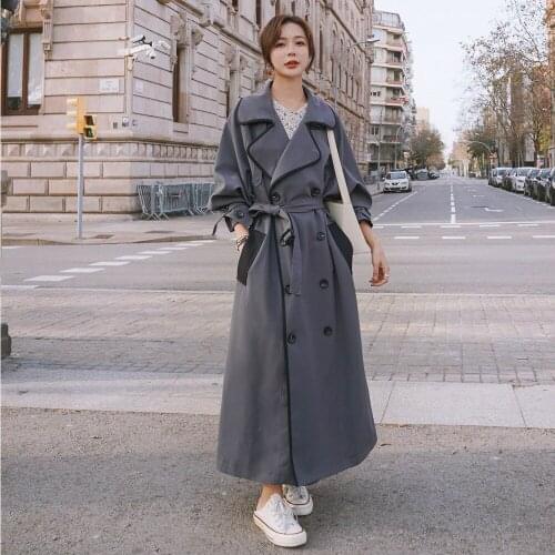 Womens Senior Gray Plus Long Windbreaker 2021spring Autumn New Loose Contrast Color Edging Retro Double-breasted Fashion Coat1N