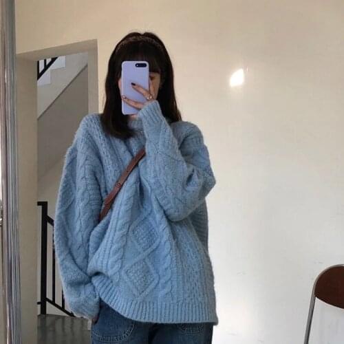 Womens Outerwear 2021 New Retro Gentle Thick Autumn Winter Sweaters Round Neck Lazy Loose Thick Sweater