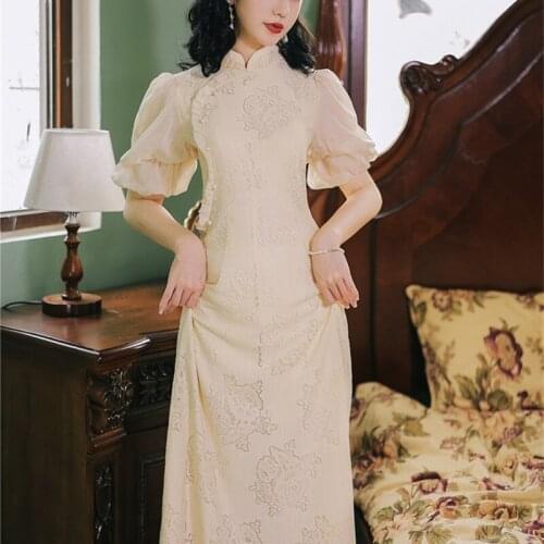 Womens Daily Wear Young Elegant Cheongsam Summer Dress Jacquard Lace Hollow Puff Sleeve Pleated Retro Fashion Midi Dress