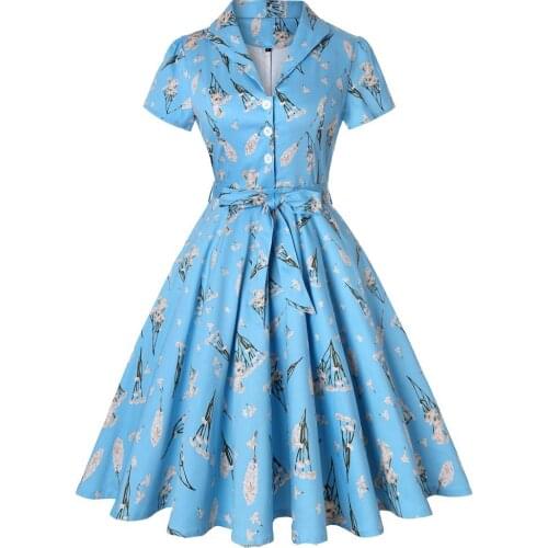 Summer Dandelions Print Vintage Dress 2020 New Sky Blue Floral Print Cotton Tunic Retro Plus Size Women Ladies Dresses SD0002
