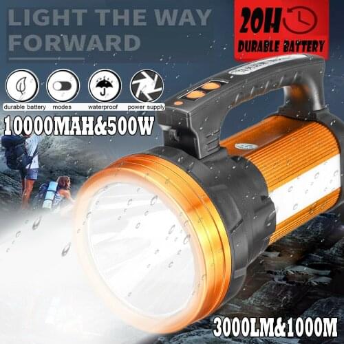 10000MAh 3000lm 500W Bright Spotlight Handheld Rechargeable LED Torch Flashlight