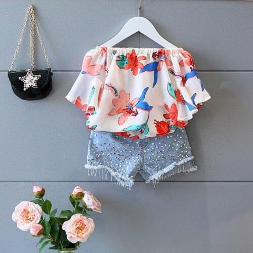 2021 Shoulder T-Shirt Top + Flower Jeans Korean Childrens Clothing Girls Waist Temperament Suit