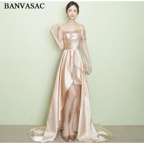 BANVASAC 2018 Sequined Boat Neck Sweep Train High Low Long Evening Dresses Party Short Sleeve Backless Prom Gowns