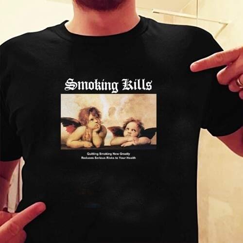 HAHAYULE Angels Cherubs Smoking Skill Top Tee Short Sleeved Male Angel Child Printed Cotton Man T-shirt Short Sleeves