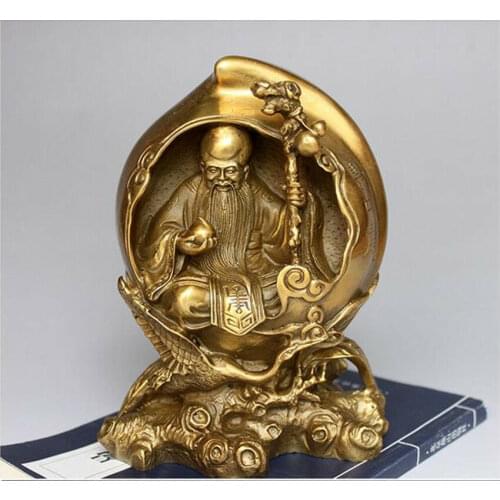 Chinese Fengshui Copper Longevity God Star Red-crowned Crane Fu Peach Statue
