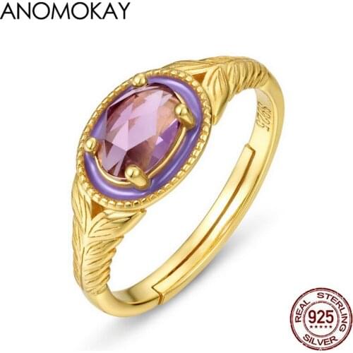 Anomokay Classic Oval Crystal Vintage Flower Gold Color Rings for Birthday Gift Real 925 Sterling Silver Adjustable Rings