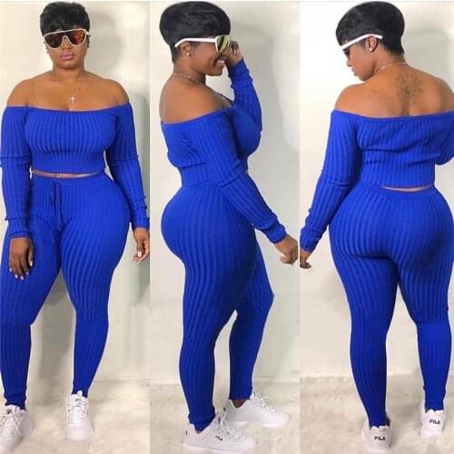 Imcute 2 Piece Set Autumn Outfits Tracksuit Women Ribbed Striped Slash Neck Short T-shirt Tops High Waist Pencil Pants Femme