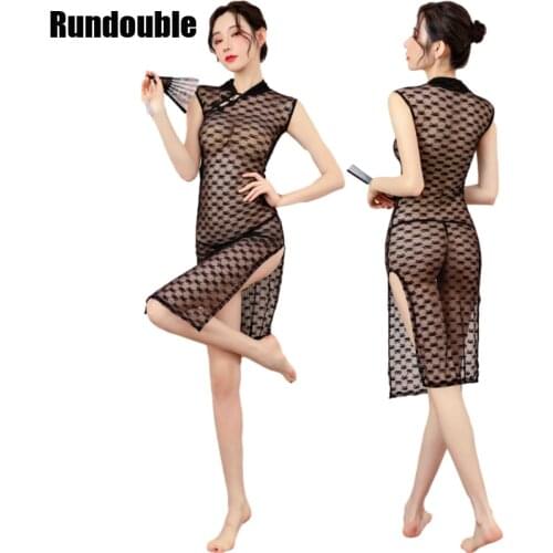 Cos Net Cheongsam Cosplay Costume Set Hot Sexy Lingerie Qipao Black Traditional Women Nightwear Uniform Role Play Sleeping Dress