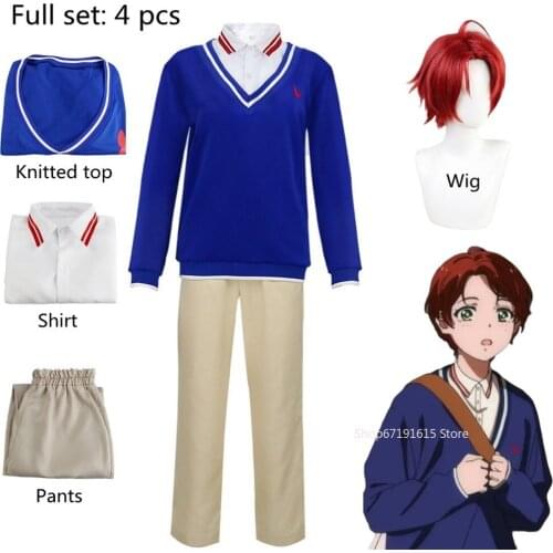 Sawaki Momoe Cosplay Costume Anime WONDER EGG PRIORITY Sawaki Momoe Uniform Suit Campus Style Blue Knitted Top Wig Full Set