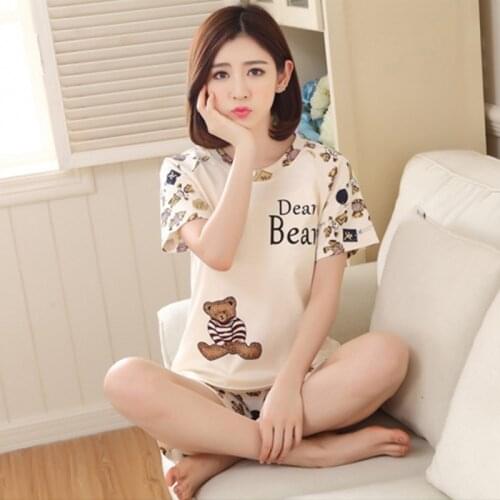 Summer Womens Two Pieces Pajamas Sets Short Sleeved T-Shirt and Pants Girls Kawaii Nightwear Soft Home Suit Cartoons Sleepwear