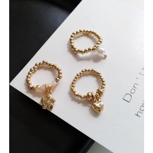 Fashion Trendy Korean Handmade Small Flowers Love Heart Rice Beaded Ring For Women Girl Jewelry Stretch Weave Style Rings